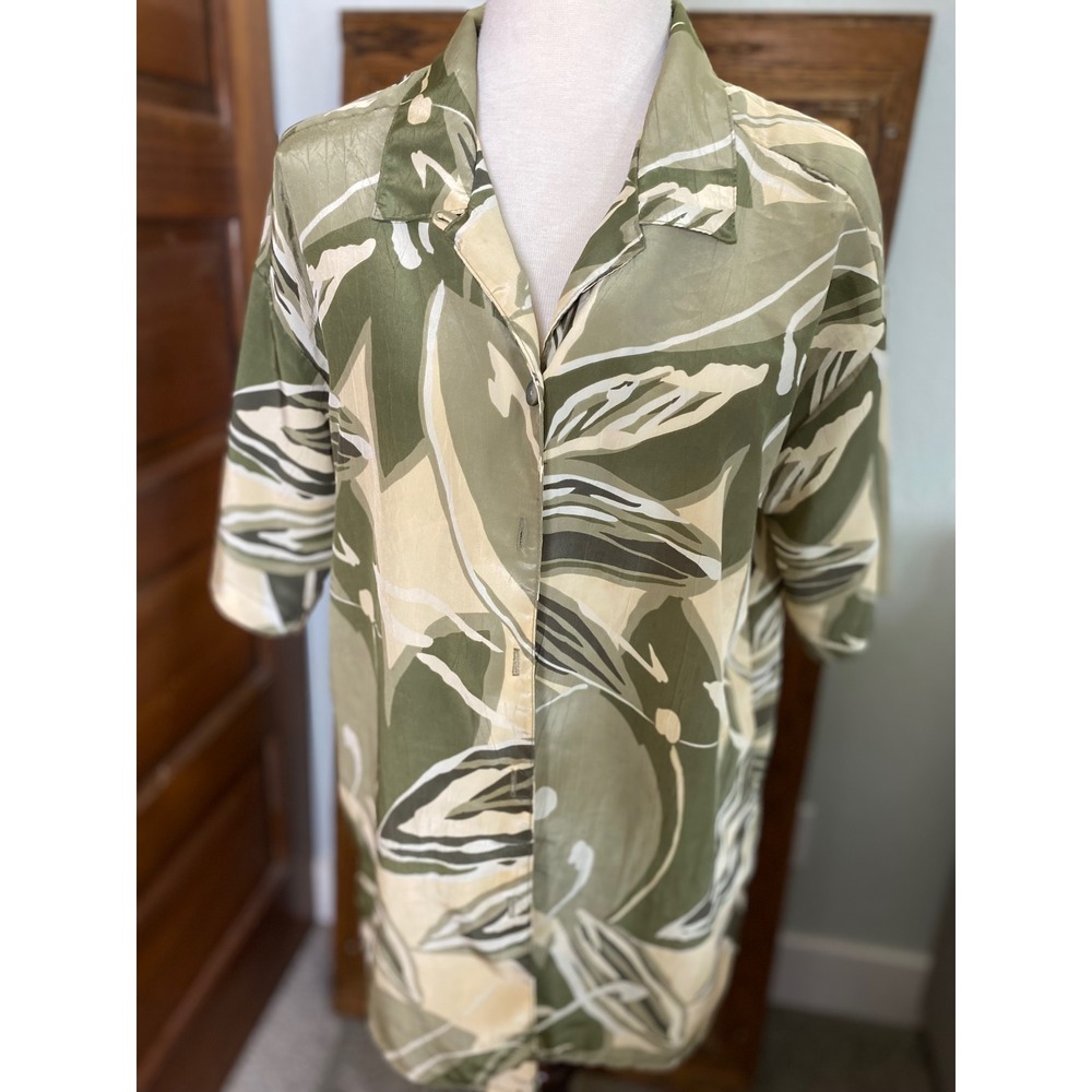 Vintage 70s Campus Casuals of California Green Tropical Leaf Print Blouse Small